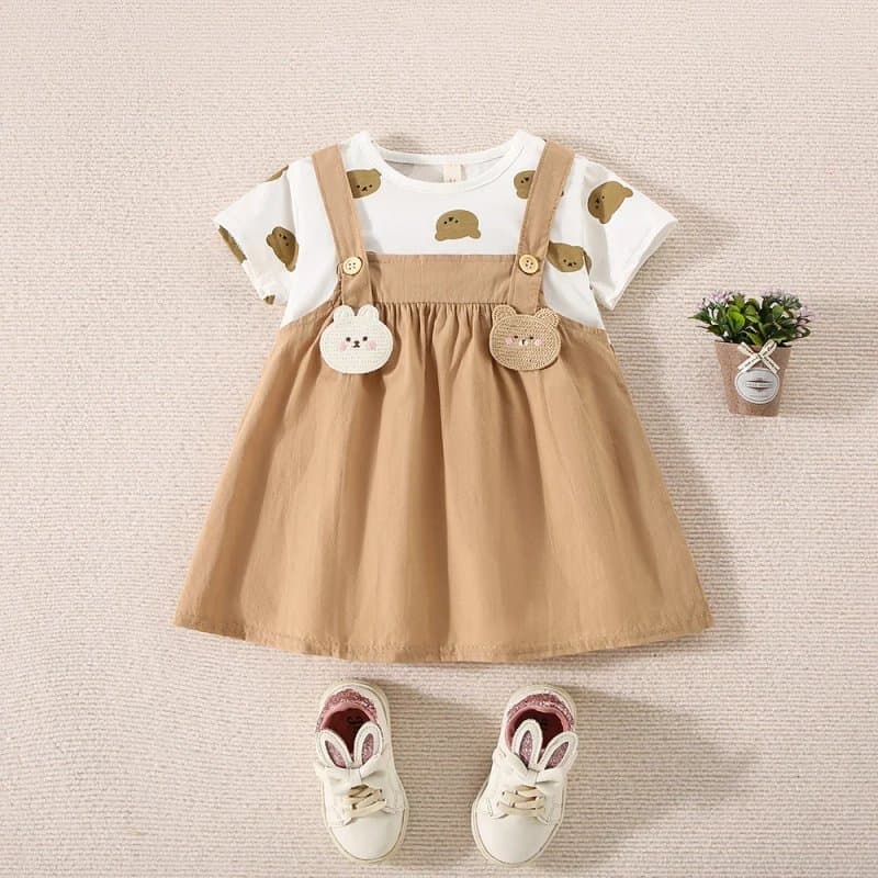 שמלת קיץ לתינוקת מבד כותנה עם הדפס דובי טדי בשרוולים קצרים לילדות