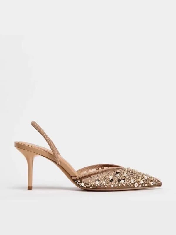 סנדלי מיוּל עקב דק בצבע אפרסק עם עיטורי פנינים לנשים, אביב 2025, רשת, קצה פתוח, נושמים ונוחים
