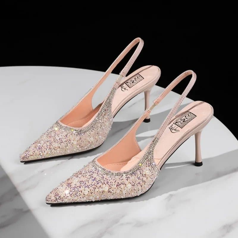 נעלי עקב גבוהות מבריקות עם קריסטלים לנשים, מעצב יוקרתי, מחרוזת חוטים, קדמה מחודדת, נעלי כלה אלגנטיות
