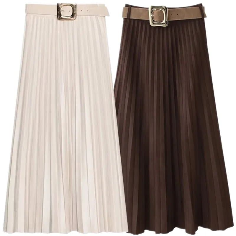 חצאית חדשה לנשים, סתיו 2025, עם חגורה, אפקט קטיפה, קפלים,